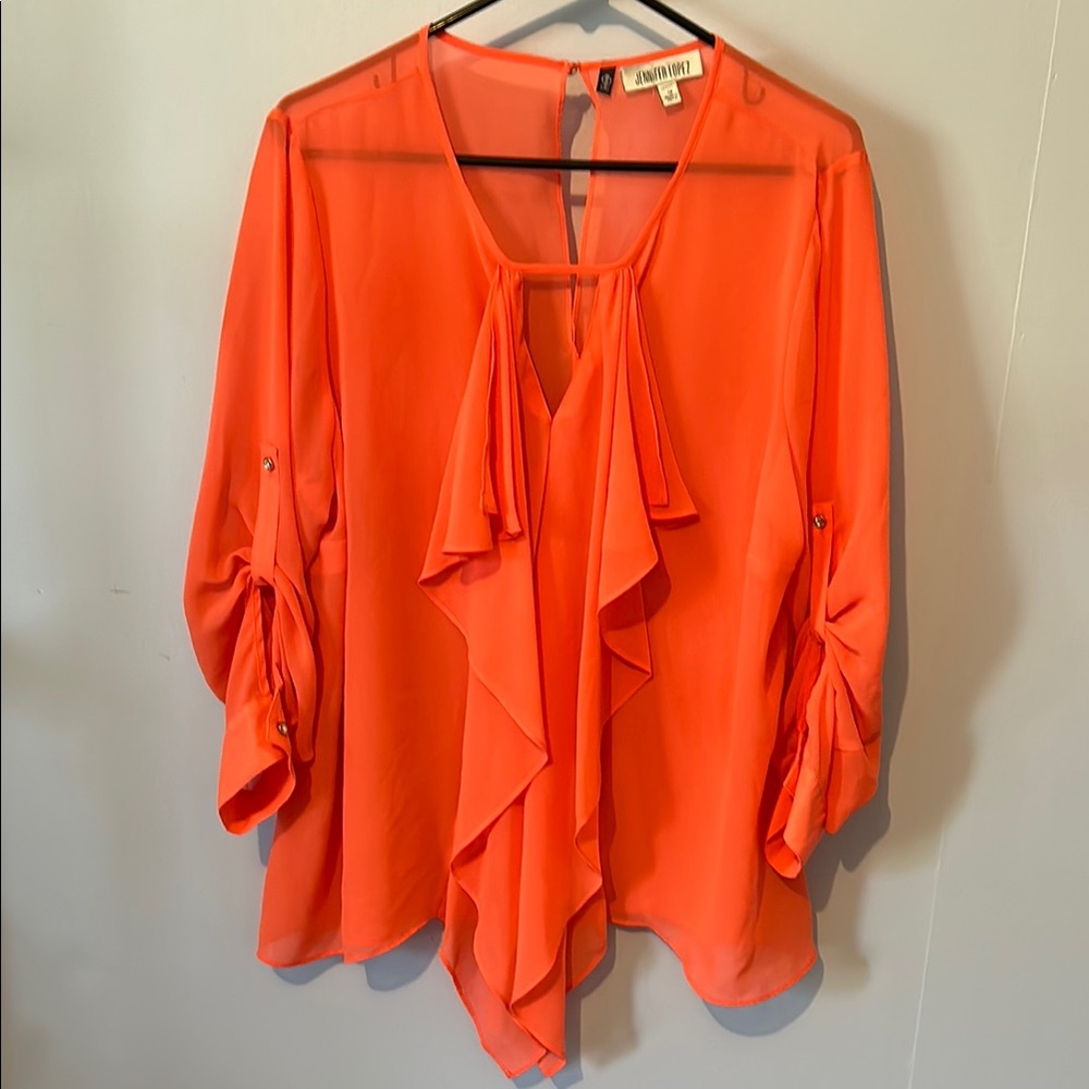 Jennifer Lopez Women's Peach Sheer Ruffle Blouse